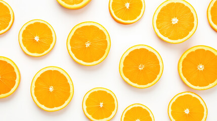 Fresh slices of fruits, of oranges on top view, on white isolated background, with pattern effect for texture