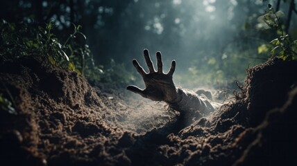 A pale, bony hand of dead alive emerges from a freshly dug grave, its gnarled fingers reaching for the night sky. Halloween concept, horror. - obrazy, fototapety, plakaty