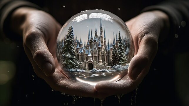  A Person Holding A Snow Globe With A Castle In It.  Generative Ai