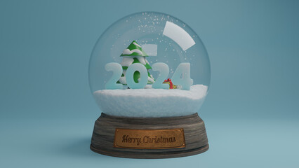 3d rendering. A souvenir, a crystal sphere, a snow glass ball with a Christmas tree and the date of the new year 2024. New Year's gifts under the Christmas tree. Bronze plaque Merry Christmas.