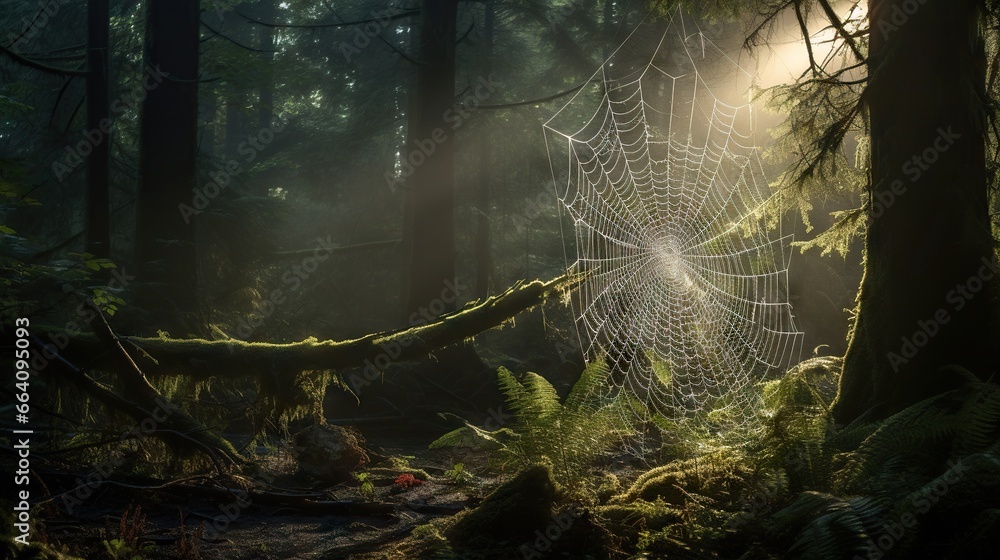 Poster a spider web in the middle of a forest at night. generative ai
