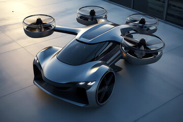 Flying car, car + drone. The concept of transport of the future. - obrazy, fototapety, plakaty