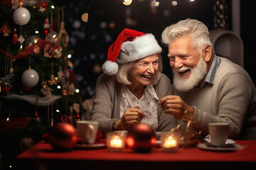  spirit of Christmas and New Year, a happy elderly couple, both silver-haired, share a festive meal at the table.