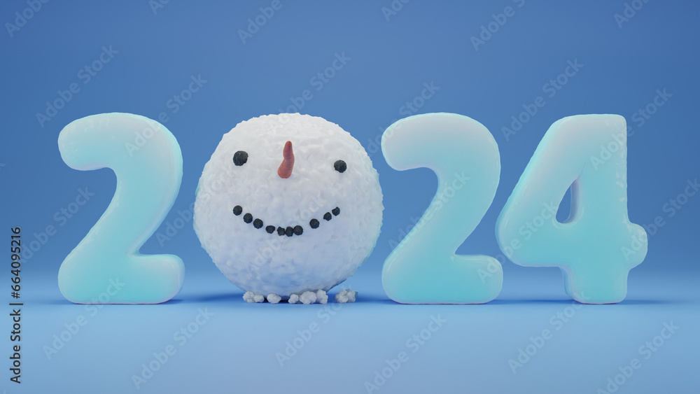 Poster 3d rendering of the date of the new year 2024 and the head of the snowman. 3d illustration for chris