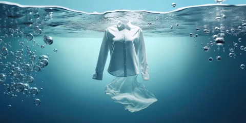 Foto op Plexiglas cleaning clothes washing machine or detergent liquid commercial advertisement style with floating shirt and dress underwater with bubbles and wet splashes laundry work as banner design with copy space © sizsus