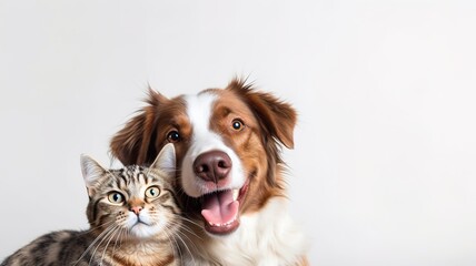 portrait of a cute shaggy dog and cat looking at the camera in front of a white background AI