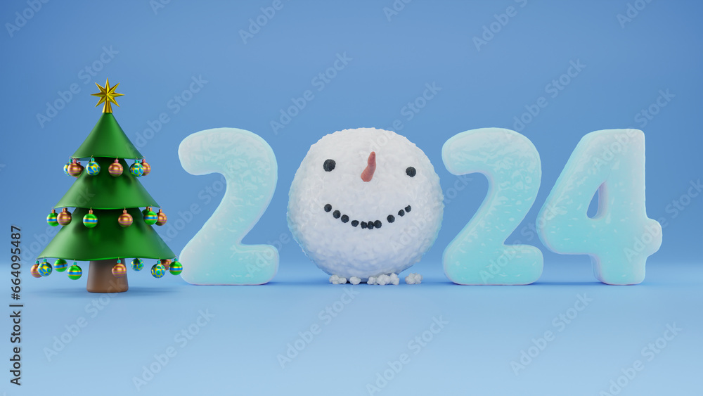Aufkleber 3d rendering of the date of the new year 2024 and the head of the snowman. 3d illustration for chris