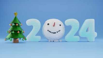 3d rendering of the date of the new year 2024 and the head of the snowman. 3d illustration for Christmas and New Year cards, banners and greetings. The joy of the new year 2024. Christmas tree.