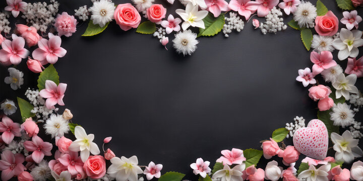 Frame of flowers. Top view  chalkboard with flowers for your greetings. Copy space for text.Greeting card for of Valentines day or birthday. Womens day, mother's day