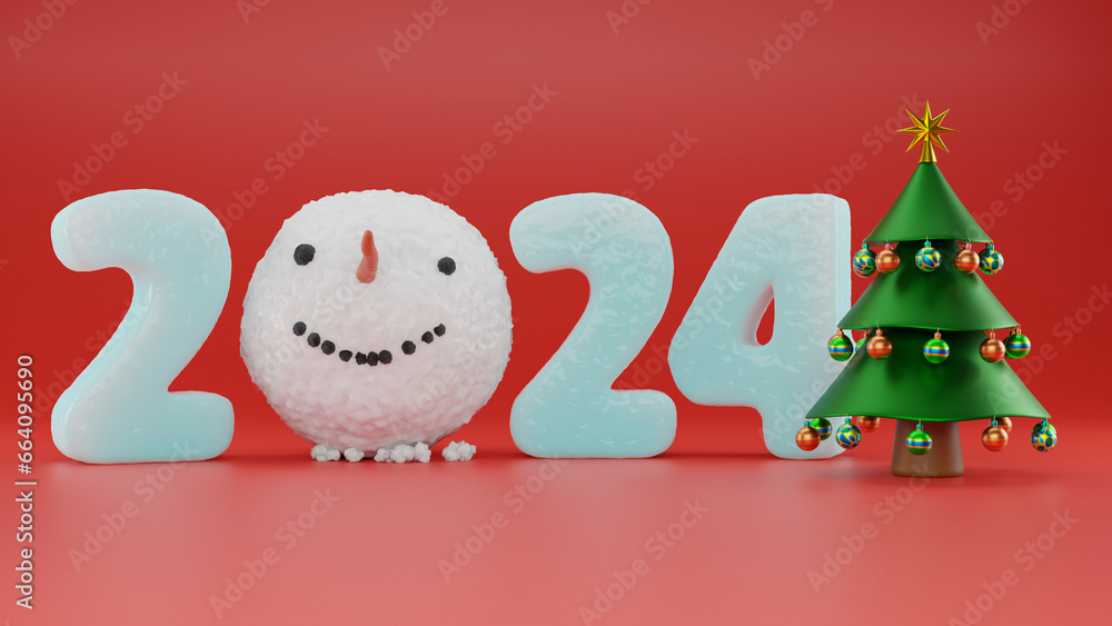 Aufkleber 3d rendering of the date of the new year 2024 and the head of the snowman. 3d illustration for chris
