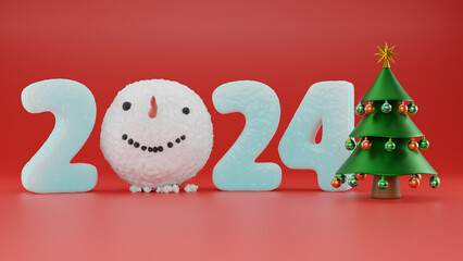 3d rendering of the date of the new year 2024 and the head of the snowman. 3d illustration for Christmas and New Year cards, banners and greetings. The joy of the new year 2024. Christmas tree.