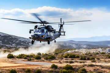 Military helicopter lands on hilly terrain