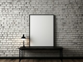 White modern brick wall with a blank photo frame mockup generative ai