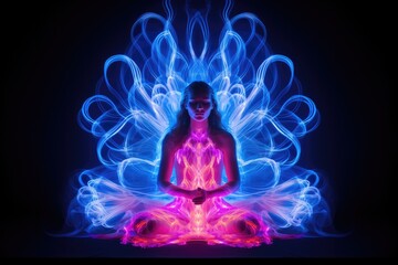 A woman sits in a lotus position inside blue and red energy - AI Generated