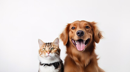 portrait of a cute shaggy dog and cat looking at the camera in front of a white background AI