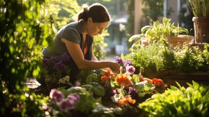 woman planting flowers in a garden, perfect for gardening enthusiasts and tutorials, ai generated 