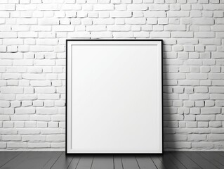 White modern brick wall with a blank photo frame mockup generative ai