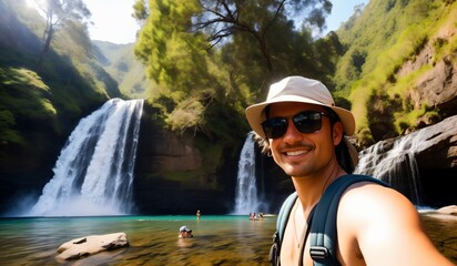 Young man with backpack and hat smiling at beautiful waterfall in the forest