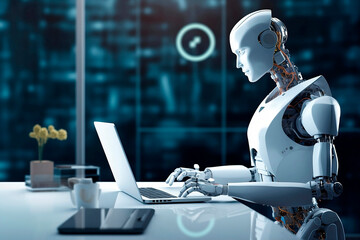 image of a white robot working with a laptop on top of a white desk in an office and with a futuristic background, advancement of artificial intelligence and its possibilities, horizontal
