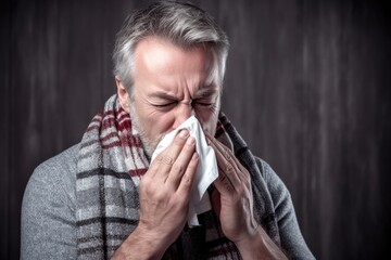 woman blowing their nose, male person sneezing in handkerchief, ai generated