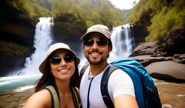couple on the river. Hiking couple taking a selfie with a waterfall in the background.
