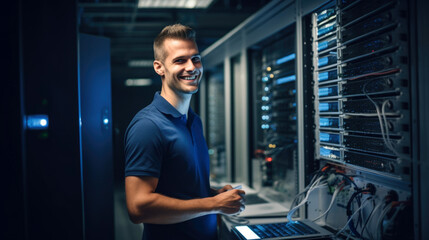 Fototapeta premium server engineer in the data center, Data Protection Engineering Network for Cyber Security. Business Concept