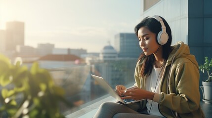 Fototapeta premium Businesswoman use laptop and headset for online conference call. AI generated image