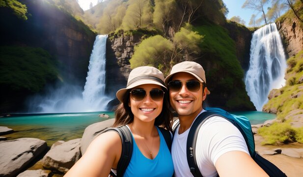 Couple taking selfie with waterfall in background. Man and woman wearing sunglasses and hats.