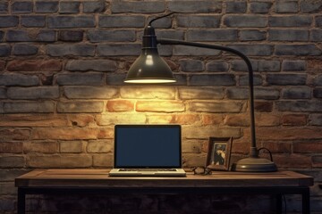 Empty laptop screen on desk with lamp and brick wall. Generative AI