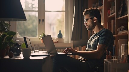 Freelancer or businessman using laptop in living room. AI generated image - obrazy, fototapety, plakaty