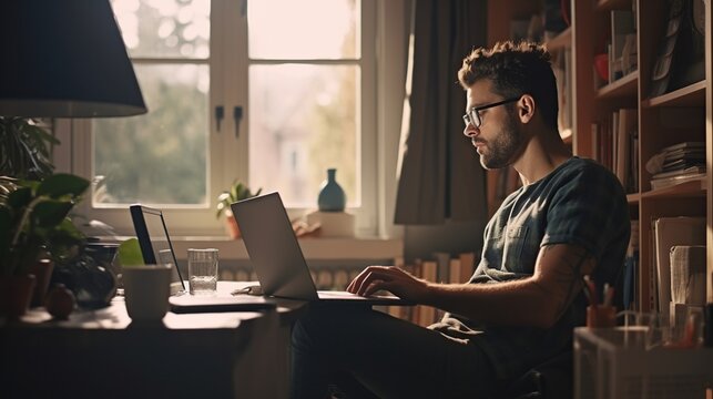 Freelancer or businessman using laptop in living room. AI generated image