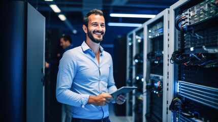 server engineer smiling in data center, Data Protection Engineering Network for Cyber Security. Business Concept