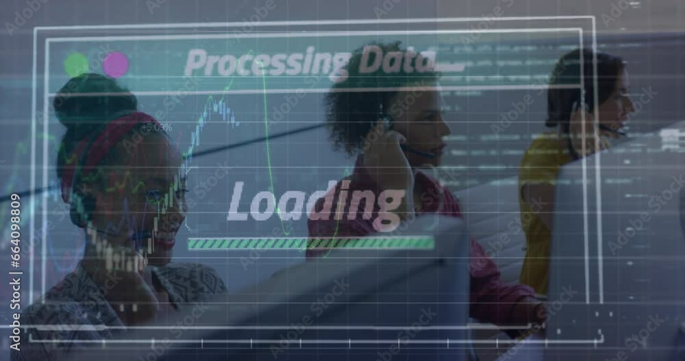 Poster animation of text and data processing over diverse business people