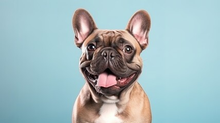 portrait of a cute smiling french bulldog dog puppy on blue background with copy space AI
