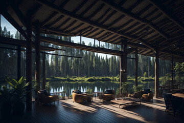 Fototapeta premium Hotel interior with lake view. Created using generative AI tools