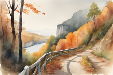 Pine trees grow tall and straight on both sides of a straight two-lane asphalt road, and wild flowers grow under the trees. There are no cars or people on the road, Generation AI