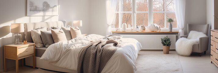 Warm bedroom with window with midwinter view