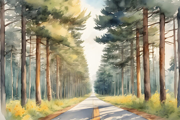 Pine trees grow tall and straight on both sides of a straight two-lane asphalt road, and wild flowers grow under the trees. There are no cars or people on the road, Generation AI