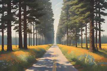 Pine trees grow tall and straight on both sides of a straight two-lane asphalt road, and wild flowers grow under the trees. There are no cars or people on the road, Generation AI