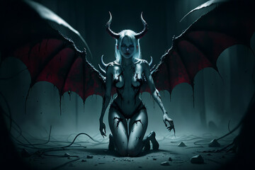 halloween devil girl, red devil woman with horns and wings - obrazy, fototapety, plakaty