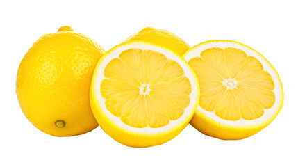 Fresh sliced lemons, also whole lemons, isolated demarcated against transparent background, PNG