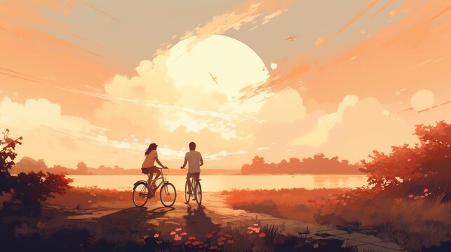 Beautiful Couple on bicycles on the nature sunset view. AI generated image