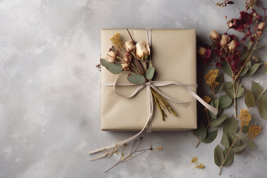 Present wrapped in kraft paper decorated with plants.