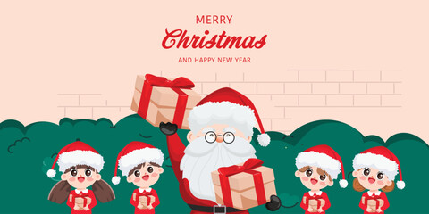 Merry christmas cartoon santa claus and kids. Happy children with christmas gift box.