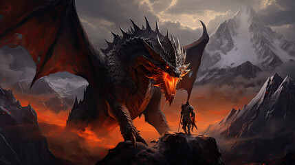 Image of knight figting dragon. - obrazy, fototapety, plakaty