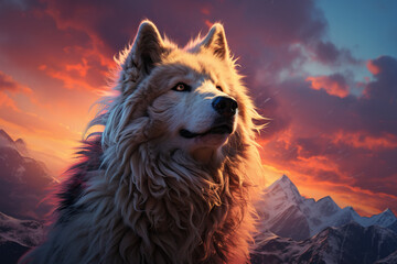 A vast frozen tundra, with snow - capped mountains in the background. In the foreground, a white wolf silhouette. AI generative