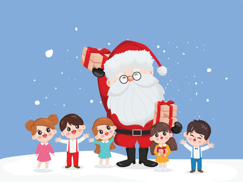Merry christmas cartoon santa claus and kids. Winter holiday background.