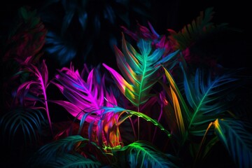 Obraz na płótnie Canvas Vibrant neon light illuminating tropical foliage. Generative AI