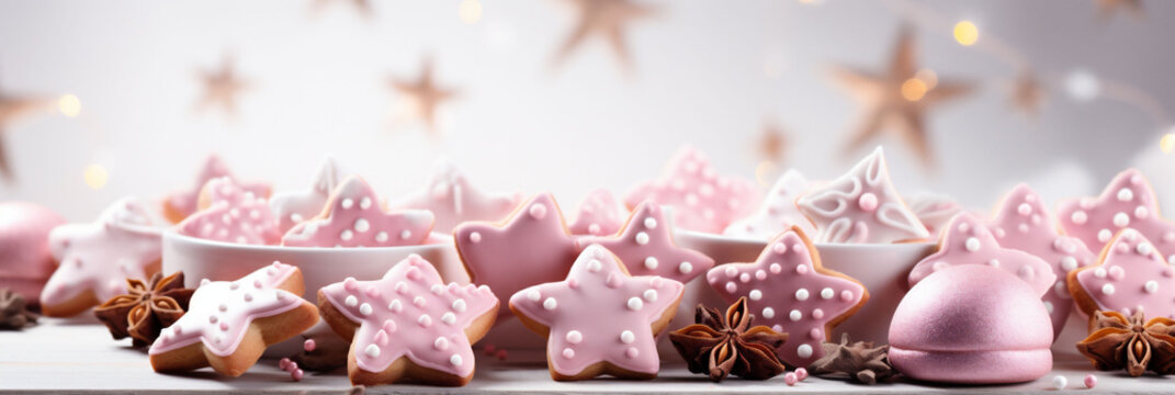 Pink Christmas banner with star shaped gingerbread cookies and satrs in the background. Copy space