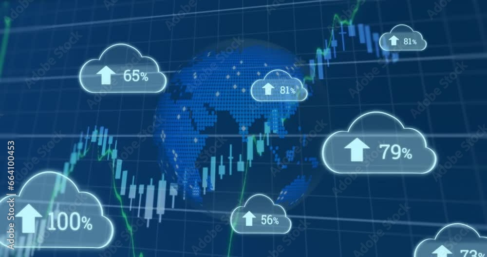 Poster animation of clouds with percent and data processing over globe